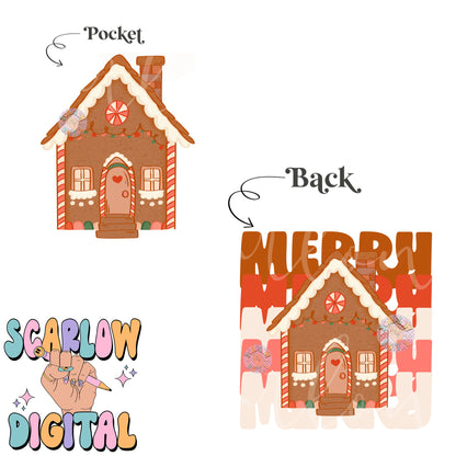 Gingerbread House Pocket and Back PNG Bundle Digital Design Download, merry christmas png, xmas png designs, trendy christmas png designs