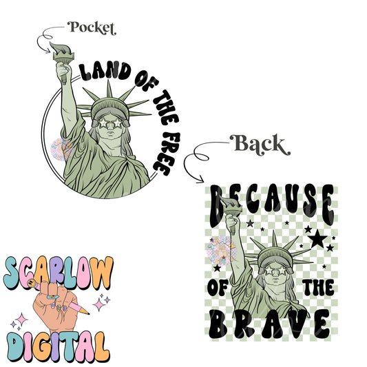 Land of the Free Because of the Brave Front and Back PNG Bundle Digital Design Download, patriotic png, july 4th png, pocket and back png