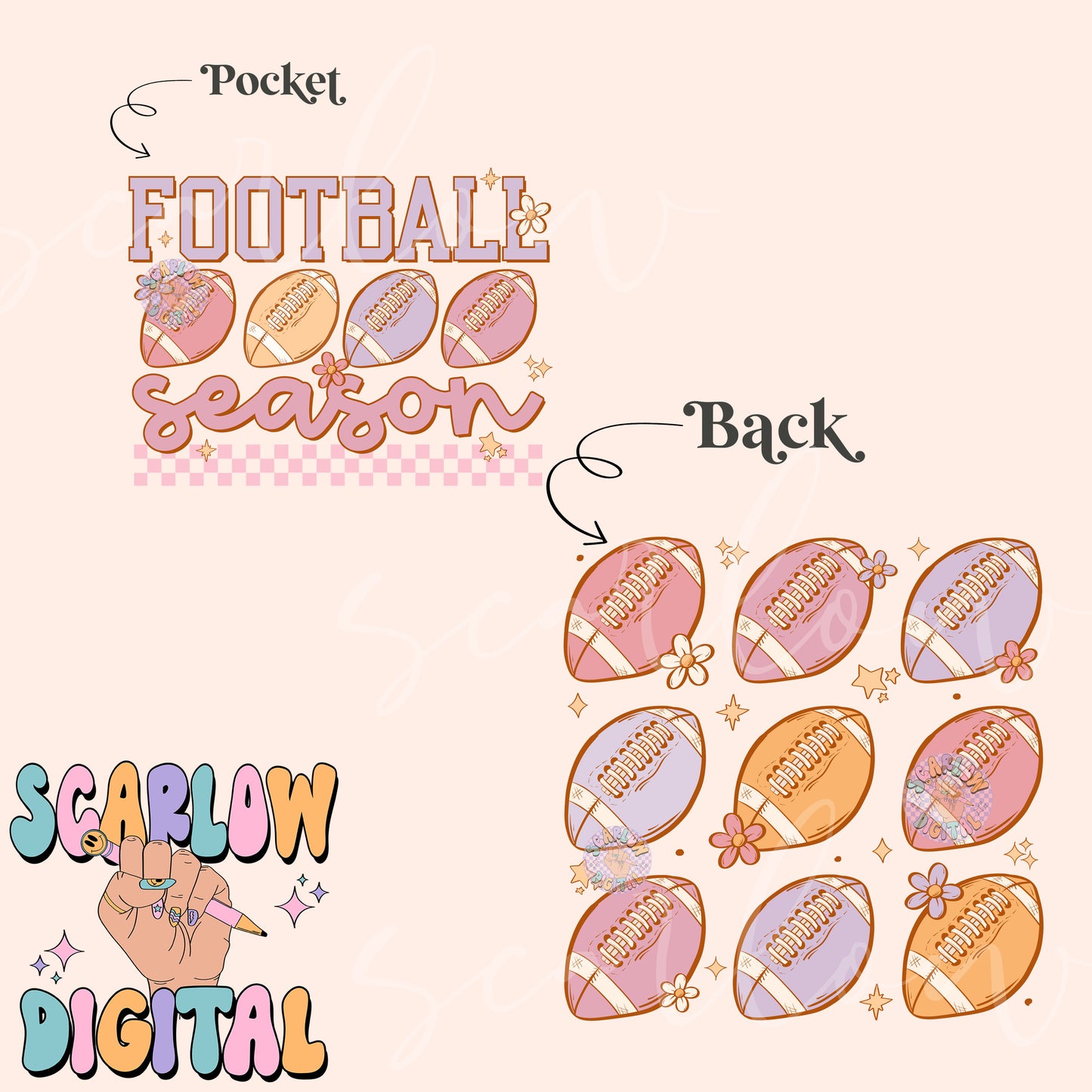 Football Season Front and Back PNG Digital Design Download, cute footballs png, pocket png, football tshirt designs, girl png, boho png