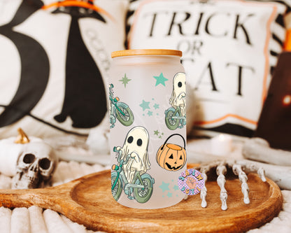 Ghost Bicycle Glass Can Wrap PNG-Halloween 16 oz. Can Glass Sublimation Digital Design Download-spooky can glass png, fall cup wraps png