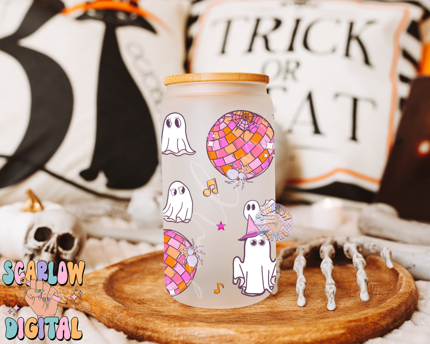 Ghost Disco Party 16 Ounce Can Glass Cup Wrap PNG Digital Design Download, halloween png cup wrap, cute ghost cup wrap, spooky ball cup wrap