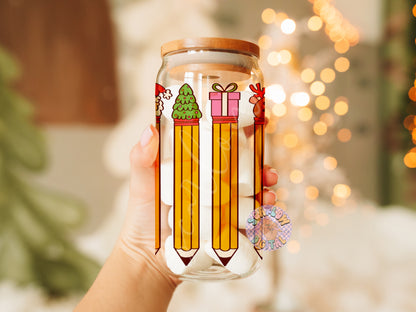 Christmas Pencil Erasers Can Glass Wrap PNG, 16 Ounce can glass designs, teacher can glass png, teacher gift ideas, teacher christmas png