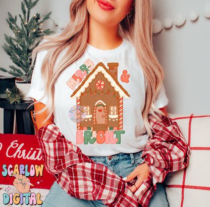 Merry & Bright PNG Digital Design Download, Gingerbread house png, Christmas png design, traditional christmas png, kids png, trendy png