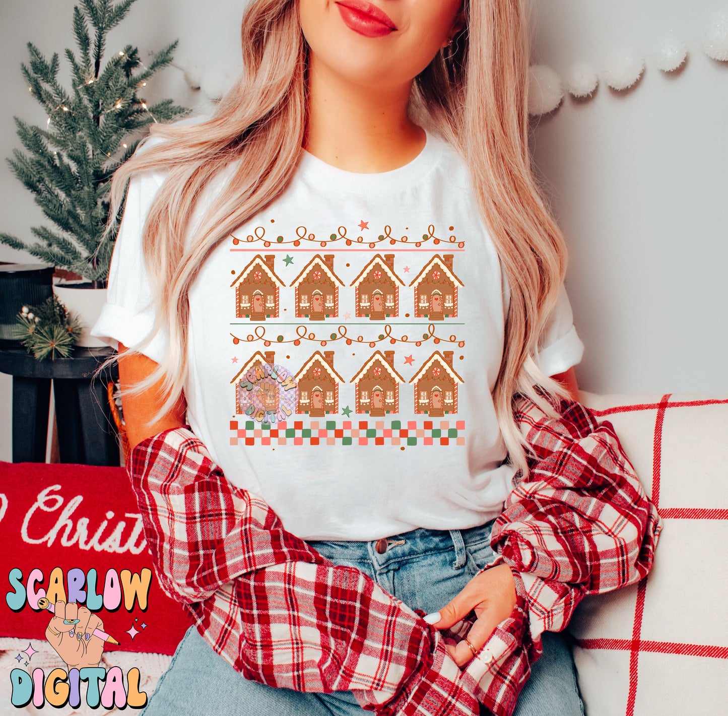 Gingerbread Houses PNG Digital Design Download, sweater pattern png, Christmas sweater png design, checkers png, christmas lights png design