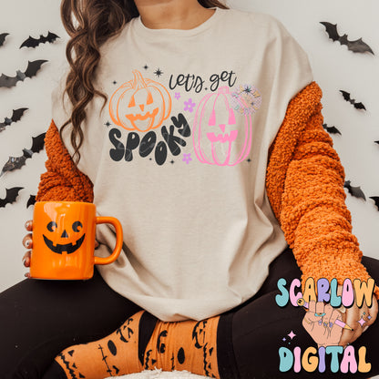 Let's Get Spooky PNG Digital Design Download, Halloween png designs, jack-o'-lantern png, bats png, retro halloween png, trendy fall designs