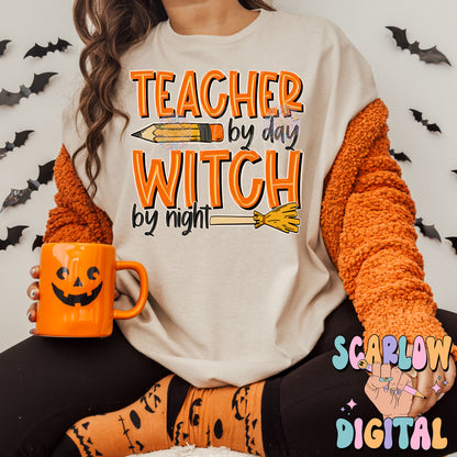 Teacher By Day Witch By Night PNG Digital Design Download, Halloween png, pencil png, witches broom png, spooky teacher png, trendy png