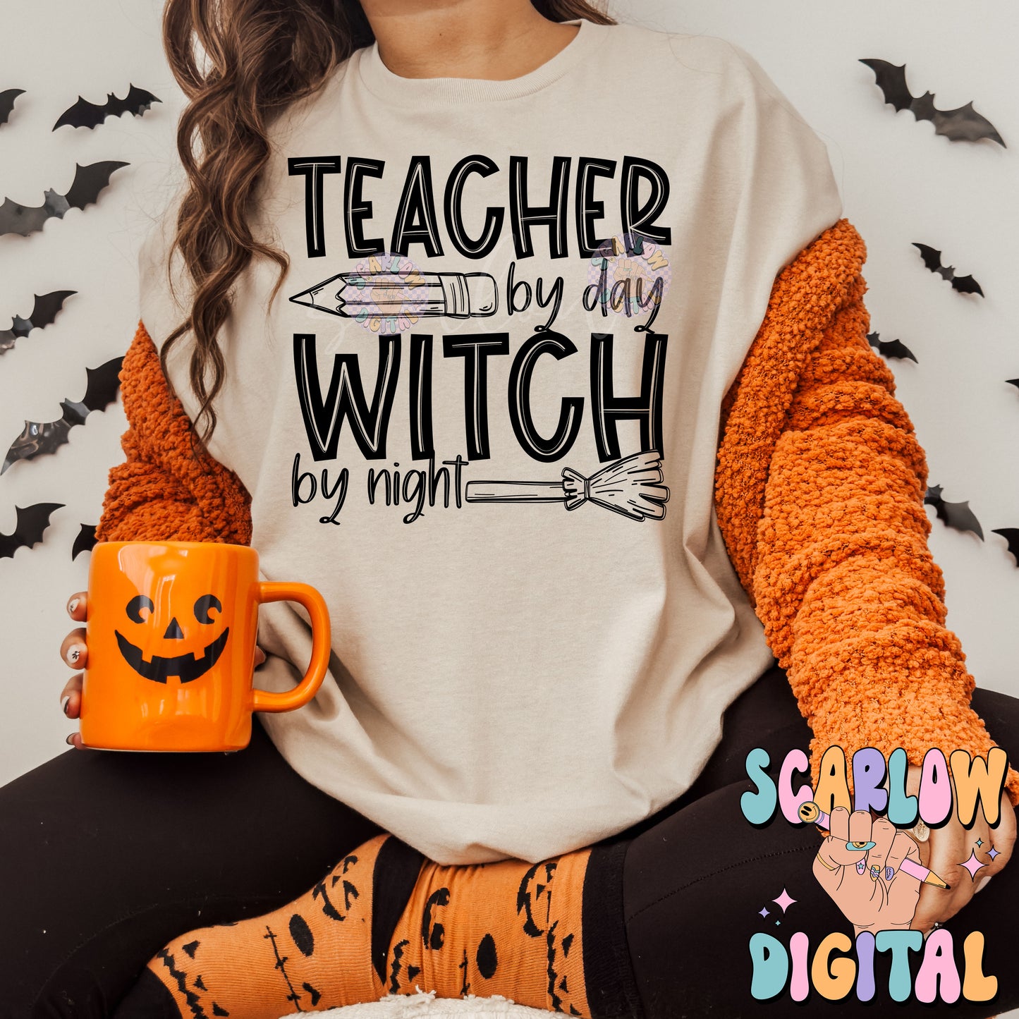 Teacher By Day Witch By Night PNG Digital Design Download, Halloween png, pencil png, witch broom png, spooky teacher png, single color png