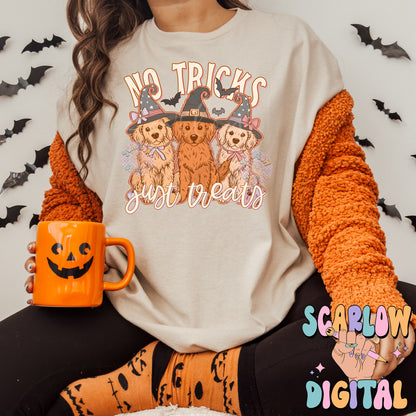 No Tricks Just Treats PNG Digital Design Download, Halloween png, golden retriever png, witches png, kids halloween png, spooky season png