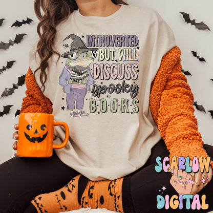 Introverted But Will Discuss Spooky Books PNG Digital Design Download, halloween png, reading png, frog png, witch png, spooky season png