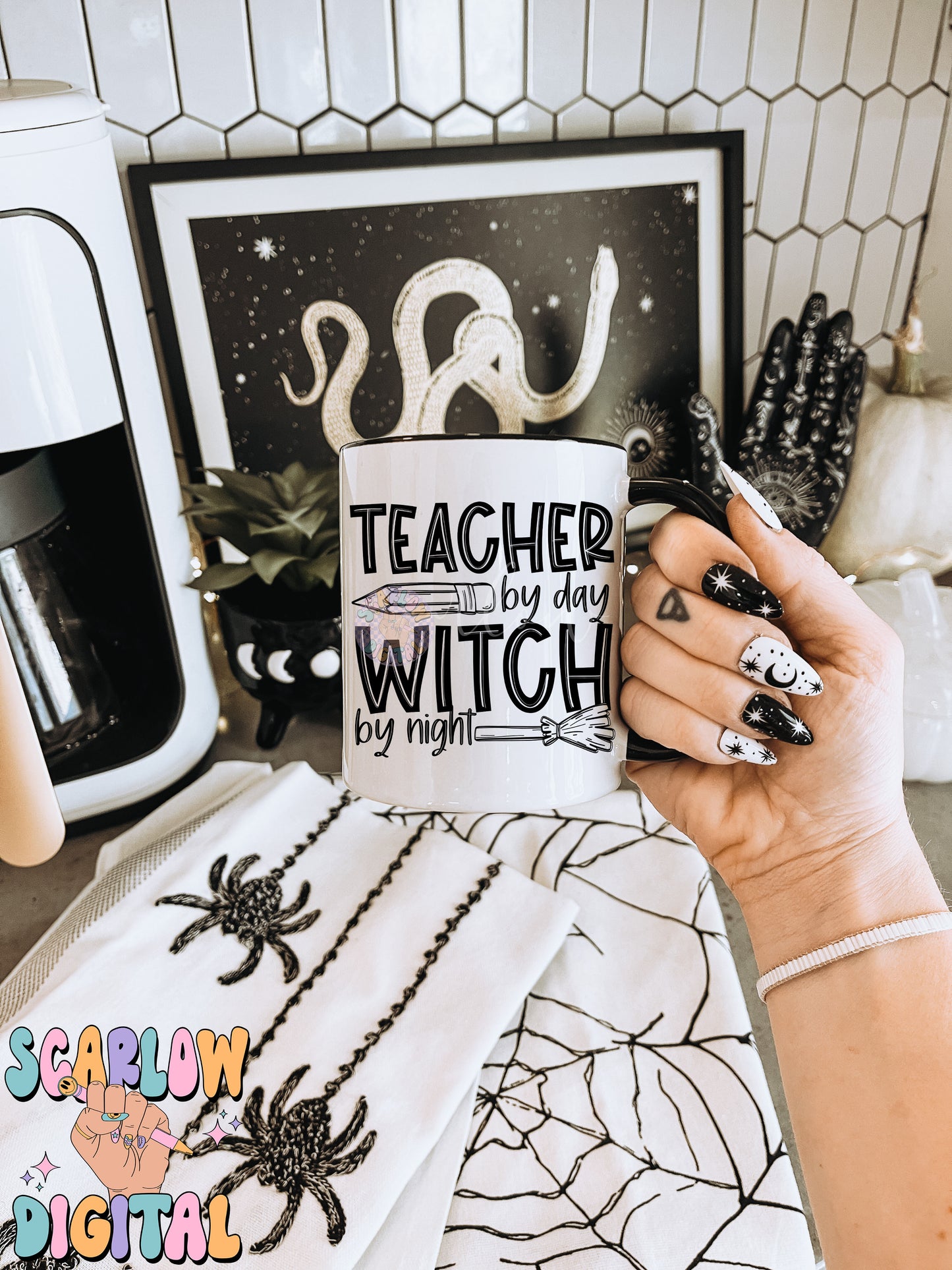 Teacher By Day Witch By Night PNG Digital Design Download, Halloween png, pencil png, witch broom png, spooky teacher png, single color png