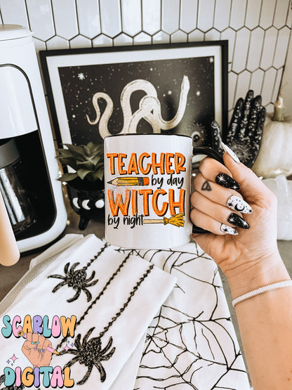 Teacher By Day Witch By Night PNG Digital Design Download, Halloween png, pencil png, witches broom png, spooky teacher png, trendy png