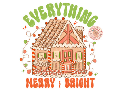 Everything Merry and Bright PNG-Christmas Sublimation Digital Design Download-gingerbread house png, christmas lights png, retro holiday png