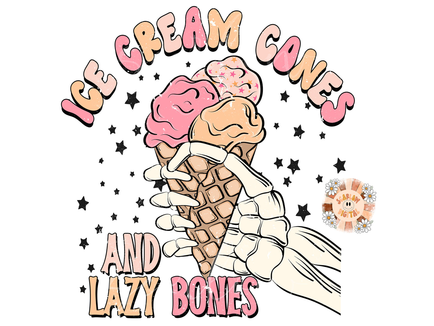 Ice Cream Cones and Lazy Bones PNG Sublimation Digital Design Download, girly png, stars png, preppy png, skeleton png, halloween png design