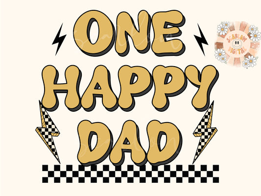 One Happy Dad PNG-Retro Sublimation Digital Design Download-checkered png, png for dads, happiness png, daddy and me png, dad and son png