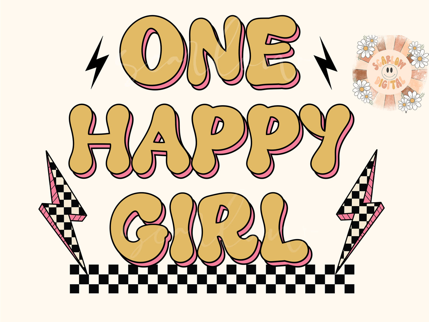 One Happy Girl PNG-Retro Sublimation Digital Design Download-png for kids, checkered png, little girl png, png for girls, trendy png designs