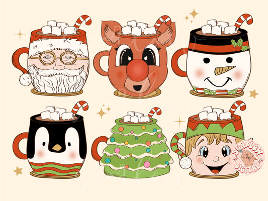 Christmas Coffee Cups PNG Sublimation Digital Design Download-santa claus png, reindeer png, snowman png, penguin png, christmas tree png