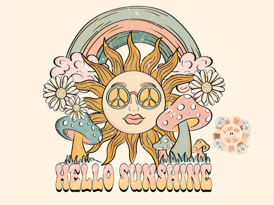 Hello Sunshine PNG-Hippie Sublimation Digital Design Download-summer png, boho png, retro png, groovy png, flowers png, trippy png, mushroom