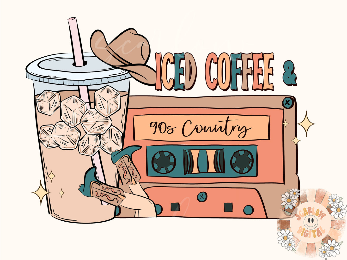 Iced Coffee and 90s Country PNG-Western Sublimation Digital Design Download-country music png, cowgirl png, cowboy png, adult png design