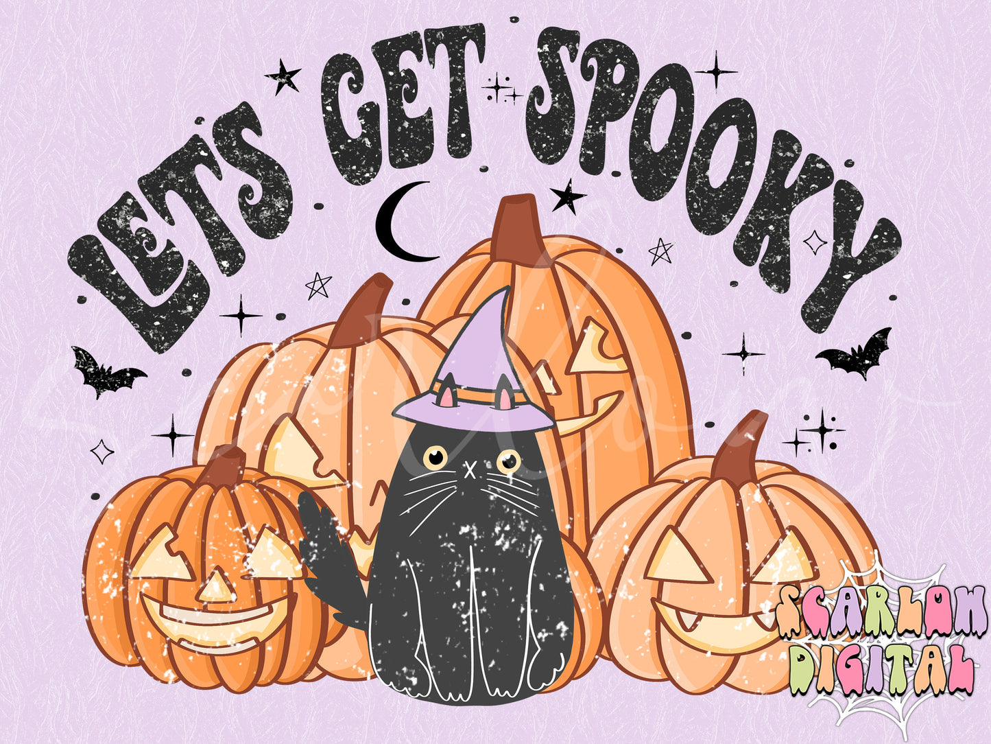 Let's Get Spooky PNG-Halloween Sublimation Digital Design Download-black cat png, witch hat png, pumpkin png, jack o lantern png, witchy png