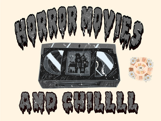 Horror Movies and Chill PNG-Halloween Sublimation Digital Design Download-spooky season png, scary movies png, nostalgic png, trendy png