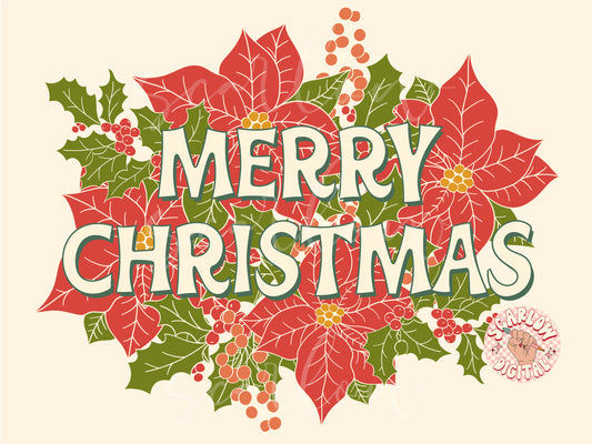 Merry Christmas PNG-Christmas Sublimation Digital Design Download-poinsettia png, christmas flowers png, floral xmas png, vintage xmas png