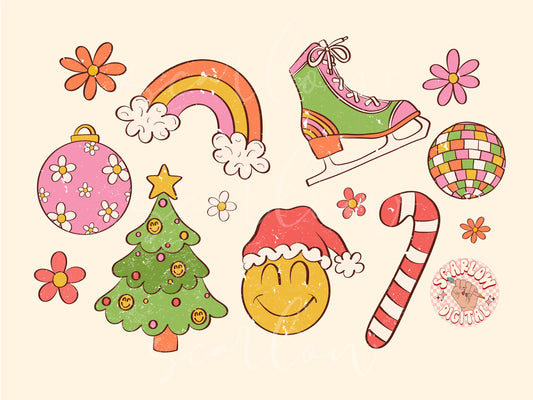 Groovy Christmas Doodles PNG-Christmas Sublimation Digital Design Download-hippie christmas png, christmas tree png, ice skate png design