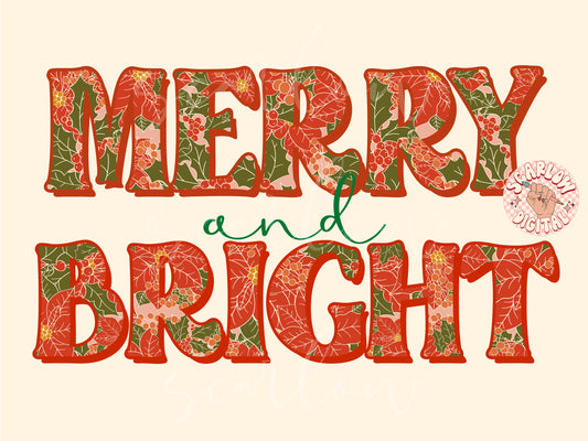 Merry and Bright PNG-Christmas Sublimation Digital Design Download-poinsettia png, christmas flowers png, floral xmas png, vintage xmas png