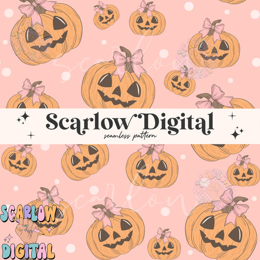 Coquette Jack-O'-Lantern Seamless Pattern Digital Design Download, bows seamless, halloween digital patterns, cute fall seamless designs