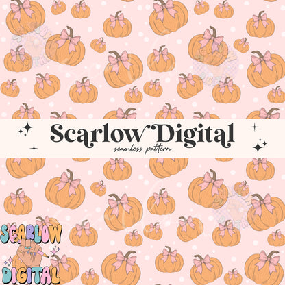 Coquette Pumpkin Seamless Pattern Digital Design Download, bows seamless, halloween digital patterns, fall seamless designs, fall designs