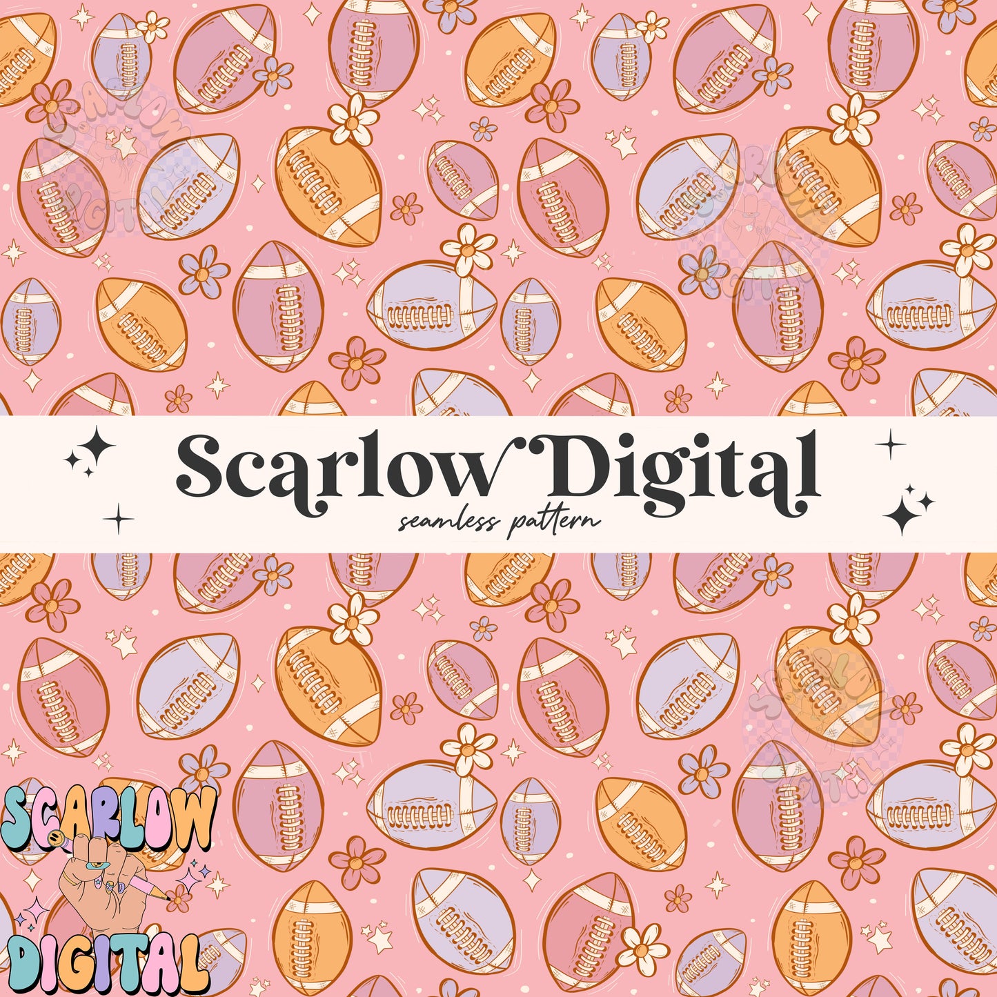 Flowers and Football Seamless Pattern Digital Design Download, fall seamless pattern, girl football designs, football season seamless files