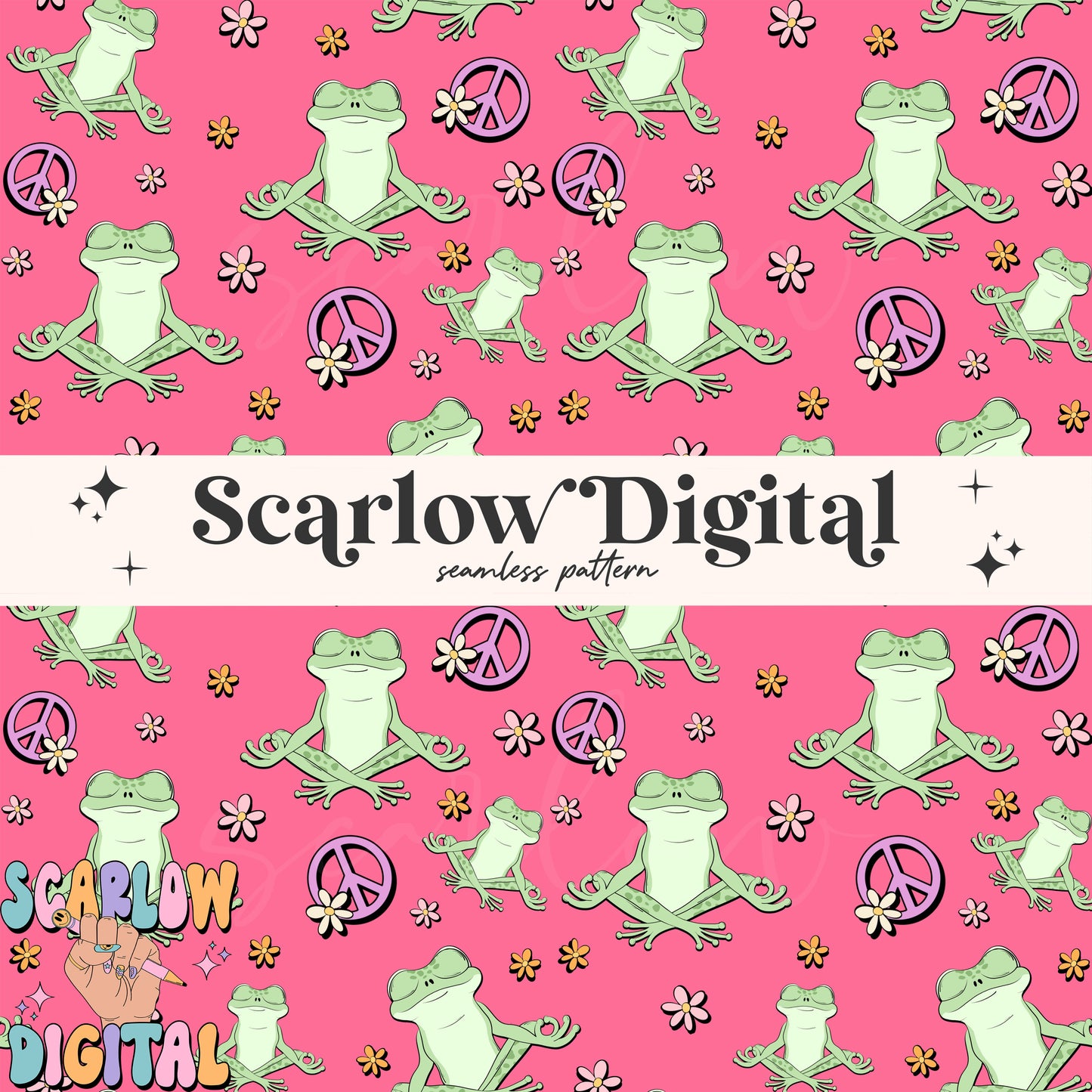 Groovy Frog Seamless Pattern Digital Design Download-peace sign seamless, preppy seamless, retro seamless, hippie seamless, flowers seamless