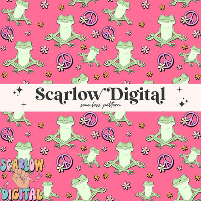 Groovy Frog Seamless Pattern Digital Design Download-peace sign seamless, preppy seamless, retro seamless, hippie seamless, flowers seamless