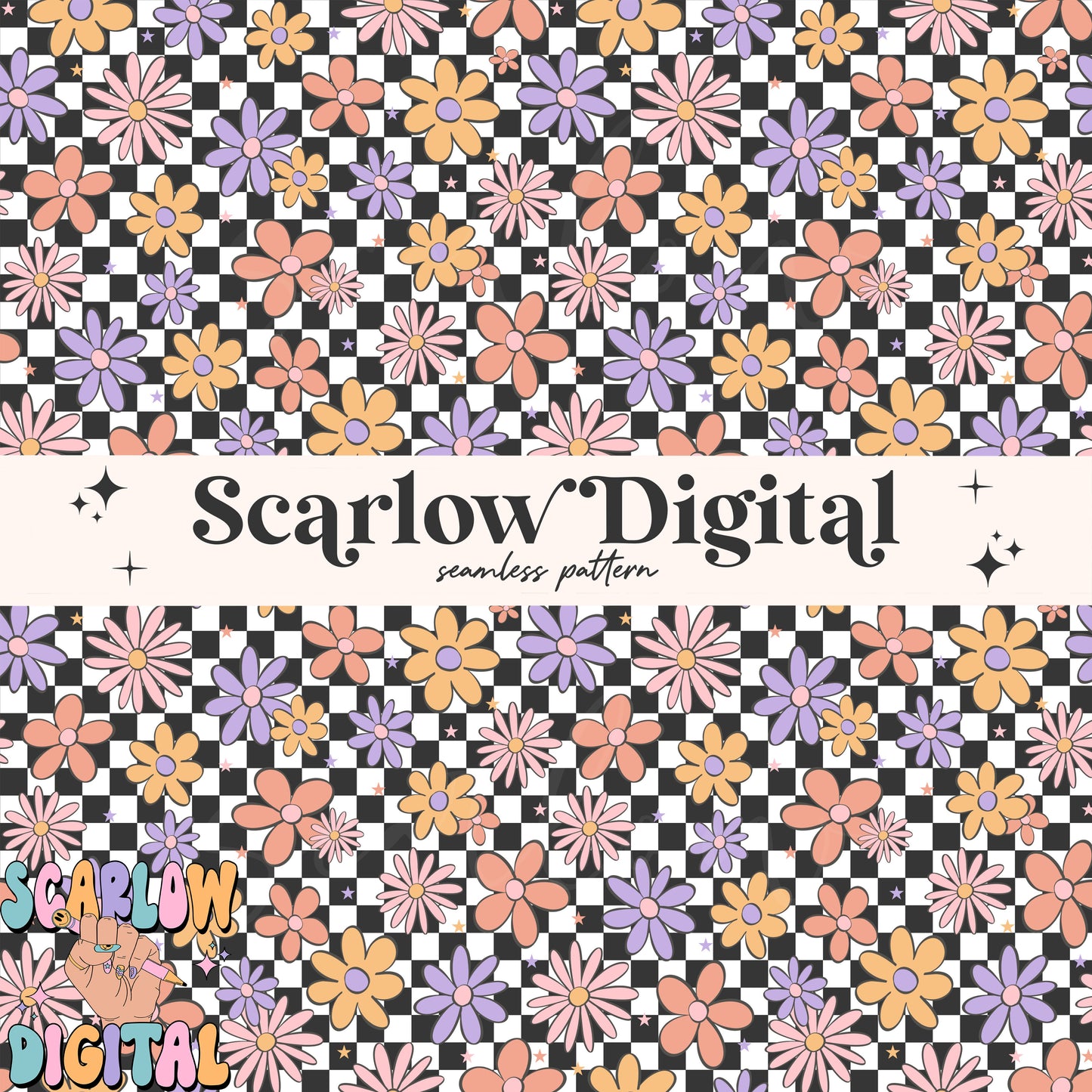 Checkered Floral Seamless Paper Digital Design Download, flower seamless pattern, retro seamless paper, trendy digital paper, girl seamless