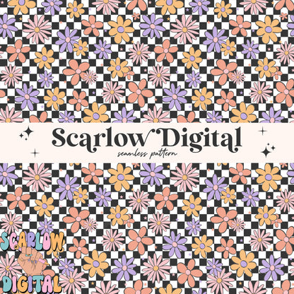 Checkered Floral Seamless Paper Digital Design Download, flower seamless pattern, retro seamless paper, trendy digital paper, girl seamless