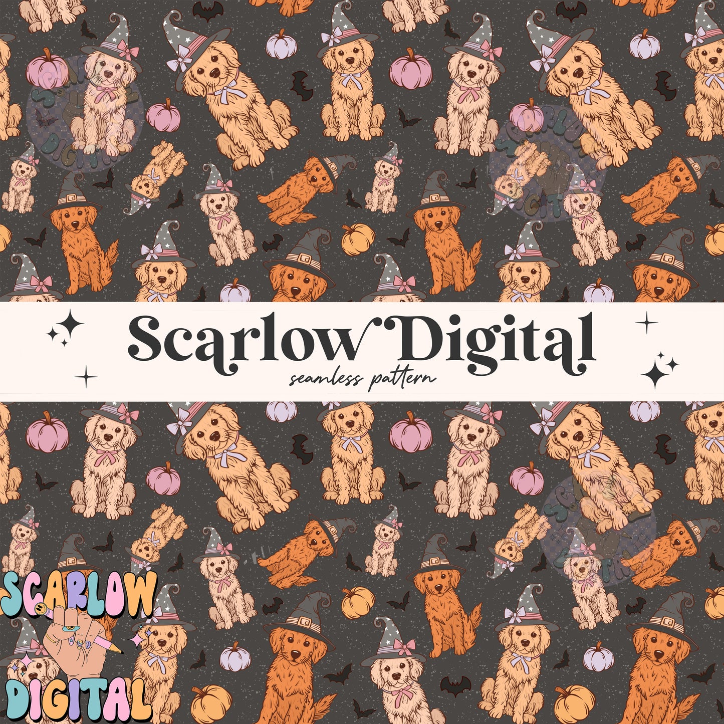 Spooky Dogs Seamless Pattern Digital Design Download, Halloween seamless pattern, fall seamless, golden retriever seamless, spooky season