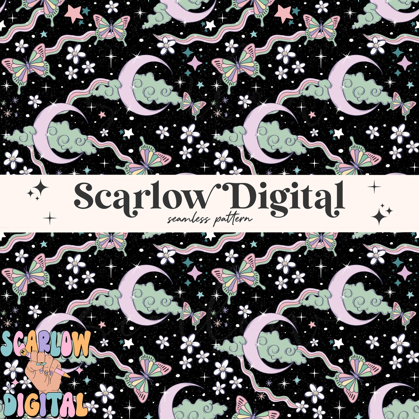 Dreamy Galaxy Seamless Pattern Digital Design Download, butterfly seamless prints, moon and stars digital paper, stars and flowers patterns