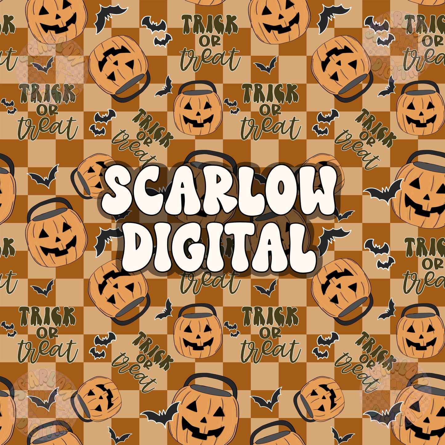 Trick or Treat Seamless Pattern Digital Design Download, Halloween seamless pattern, pumpkin buckets seamless pattern, checkers seamless