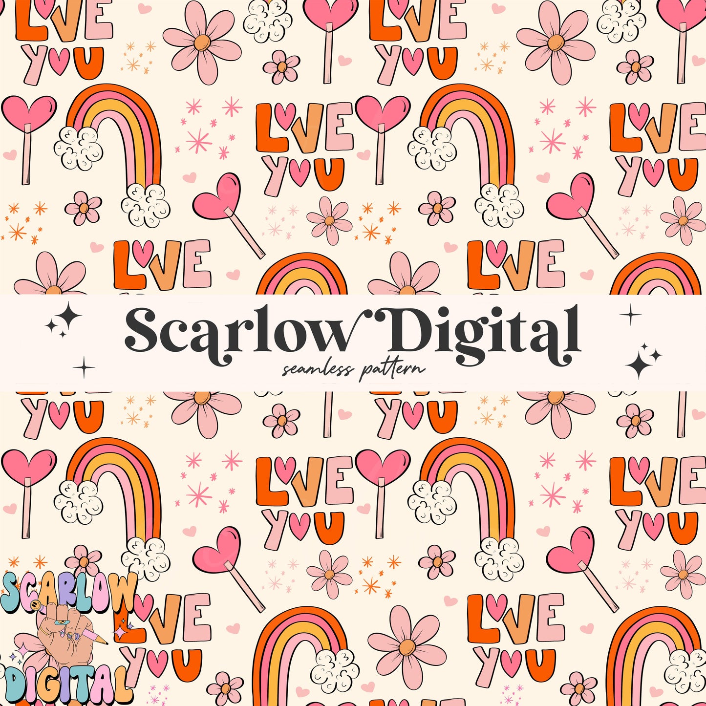 Love You Seamless Pattern-Valentine's Day Sublimation Digital Design Download-boho rainbow seamless pattern, flowers seamless, hearts design