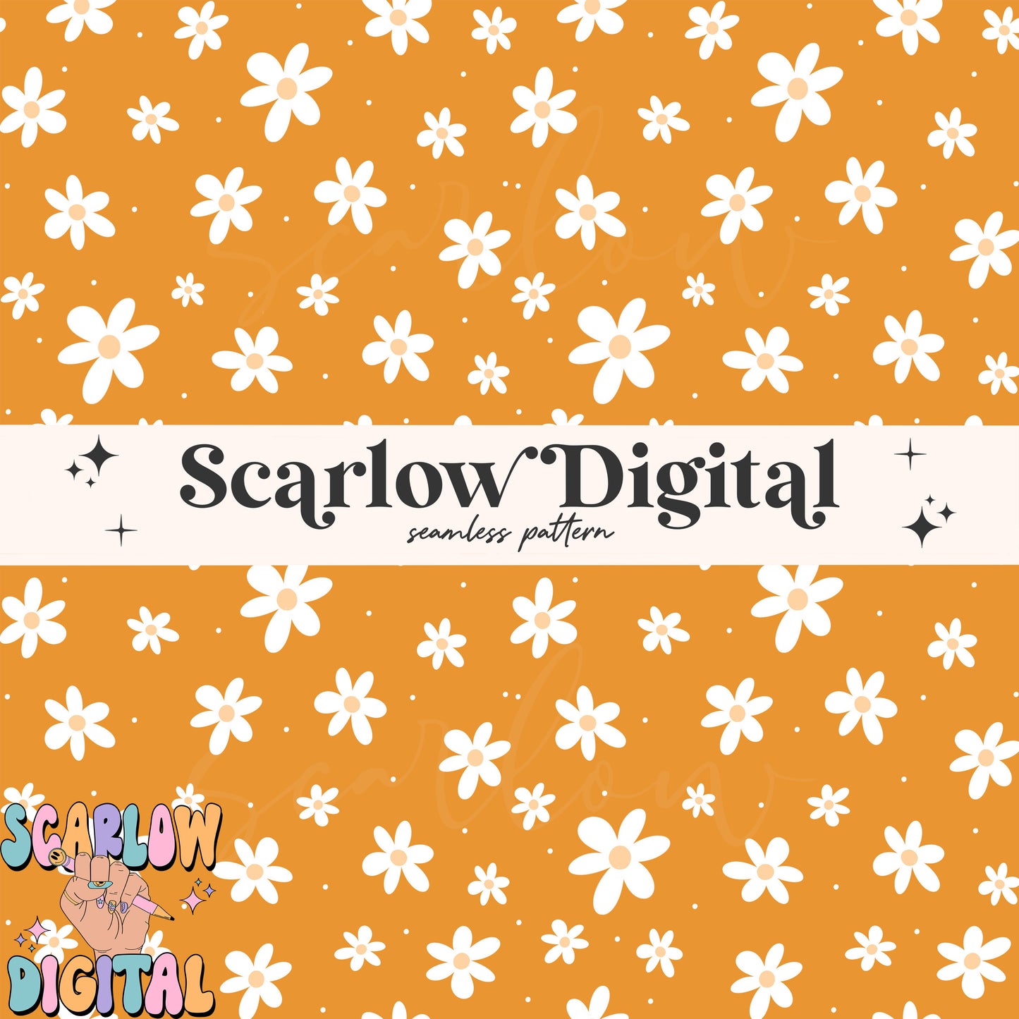 Orange Flowers Seamless Pattern Digital Design Download, simple floral pattern, doodle flowers seamless, groovy seamless, hippie seamless