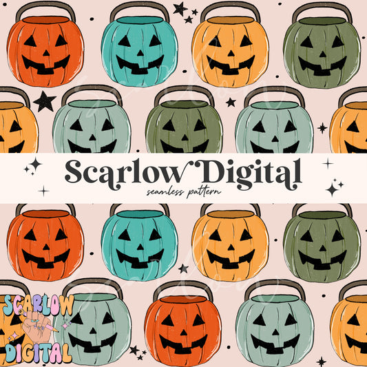 Pumpkin Buckets Seamless Pattern-Halloween Sublimation Digital Design Download-boy halloween seamless pattern, spooky season seamless files