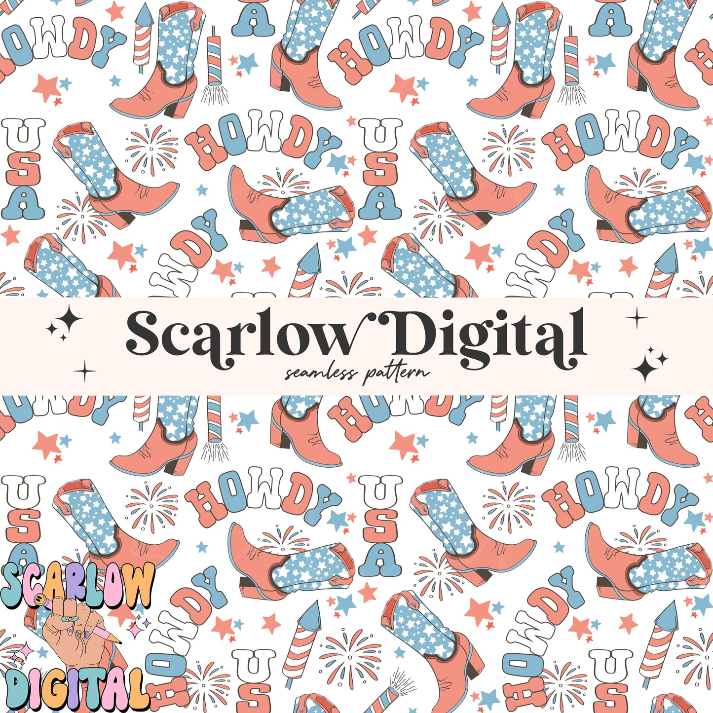 Howdy USA Seamless Pattern-Fourth of July Sublimation Digital Design Download-july 4th seamless, western seamless, patriotic seamless files