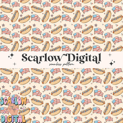 Patriotic Hot Dogs Seamless Pattern Digital Design Download, july 4th seamless pattern, summer seamless, american flag seamless pattern