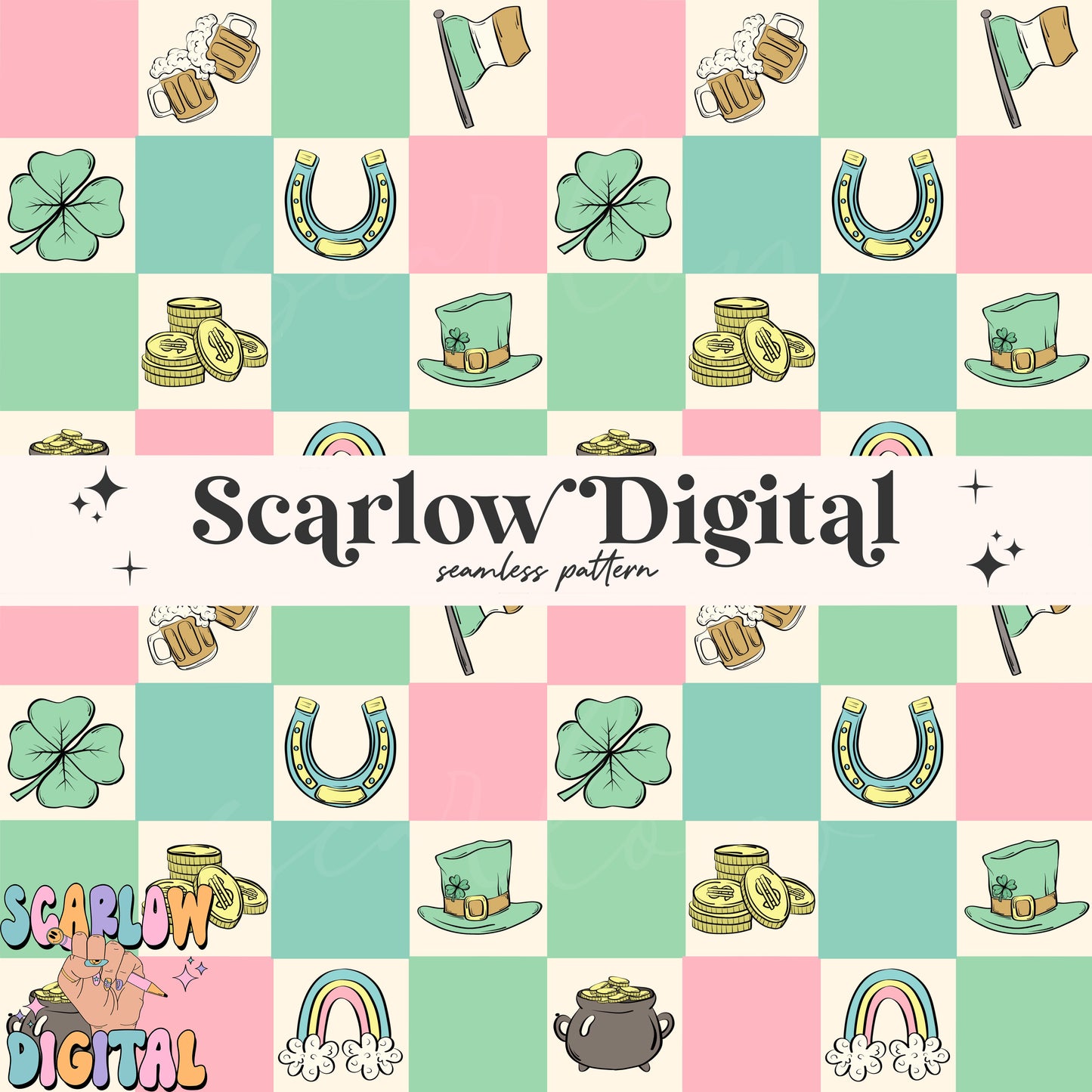 Checkered St Patrick's Day Doodles Seamless Pattern Sublimation Digital Design, rainbow seamless, pot of gold seamless, girl seamless files
