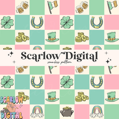 Checkered St Patrick's Day Doodles Seamless Pattern Sublimation Digital Design, rainbow seamless, pot of gold seamless, girl seamless files