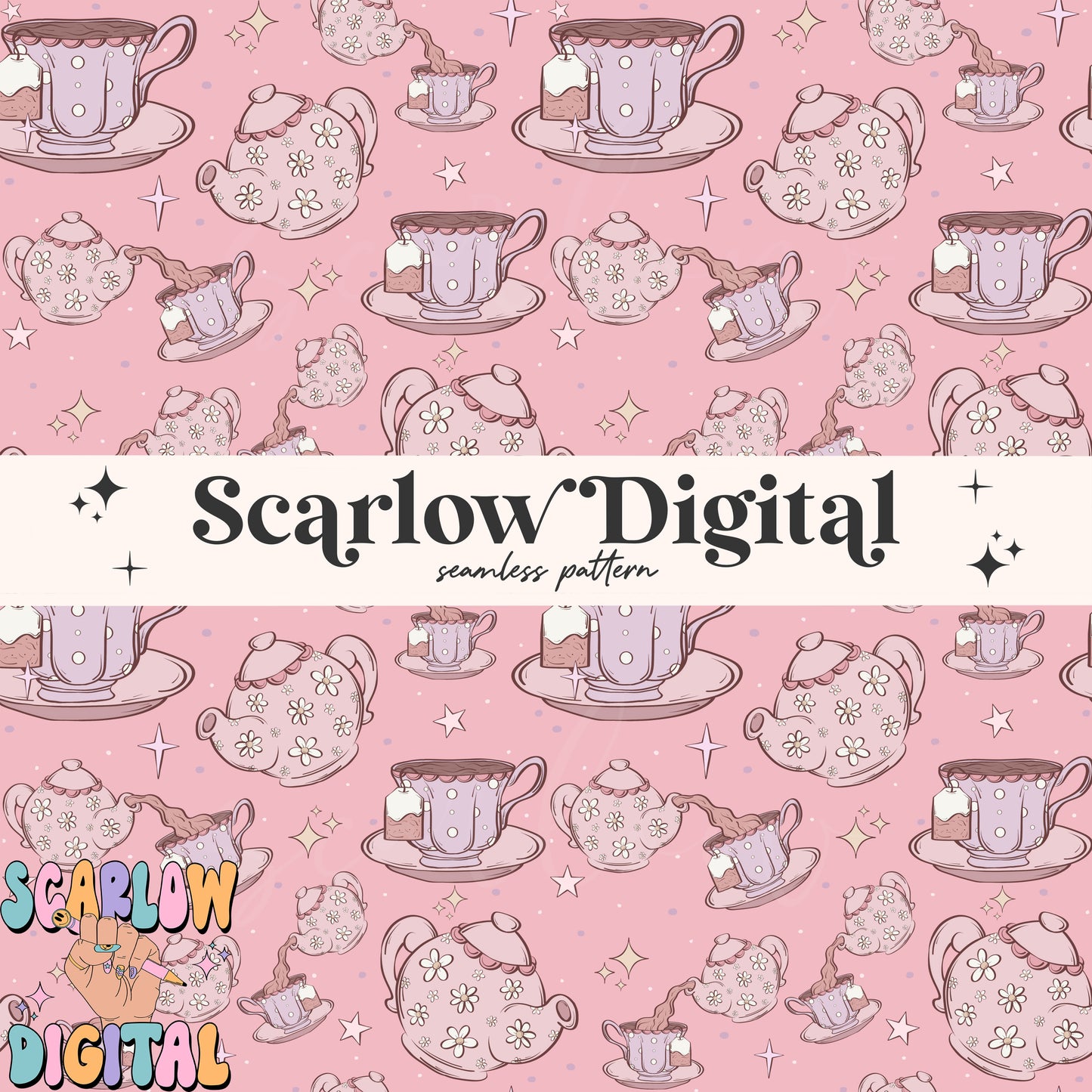 Tea Party Seamless Pattern Digital Design Download, tea cup seamless paper, tea pot pattern, coquette designs, trendy girl seamless patterns