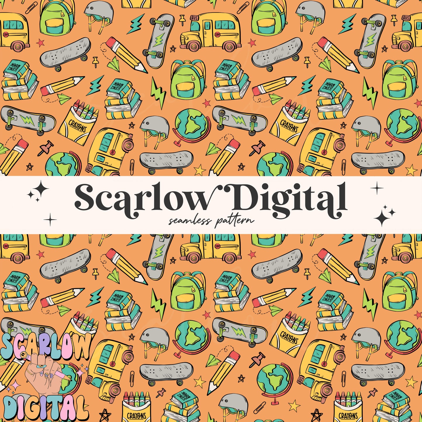 Boy Back to School Seamless Pattern Digital Design Download, trendy school patterns, school bus digital paper, book seamless, skater design