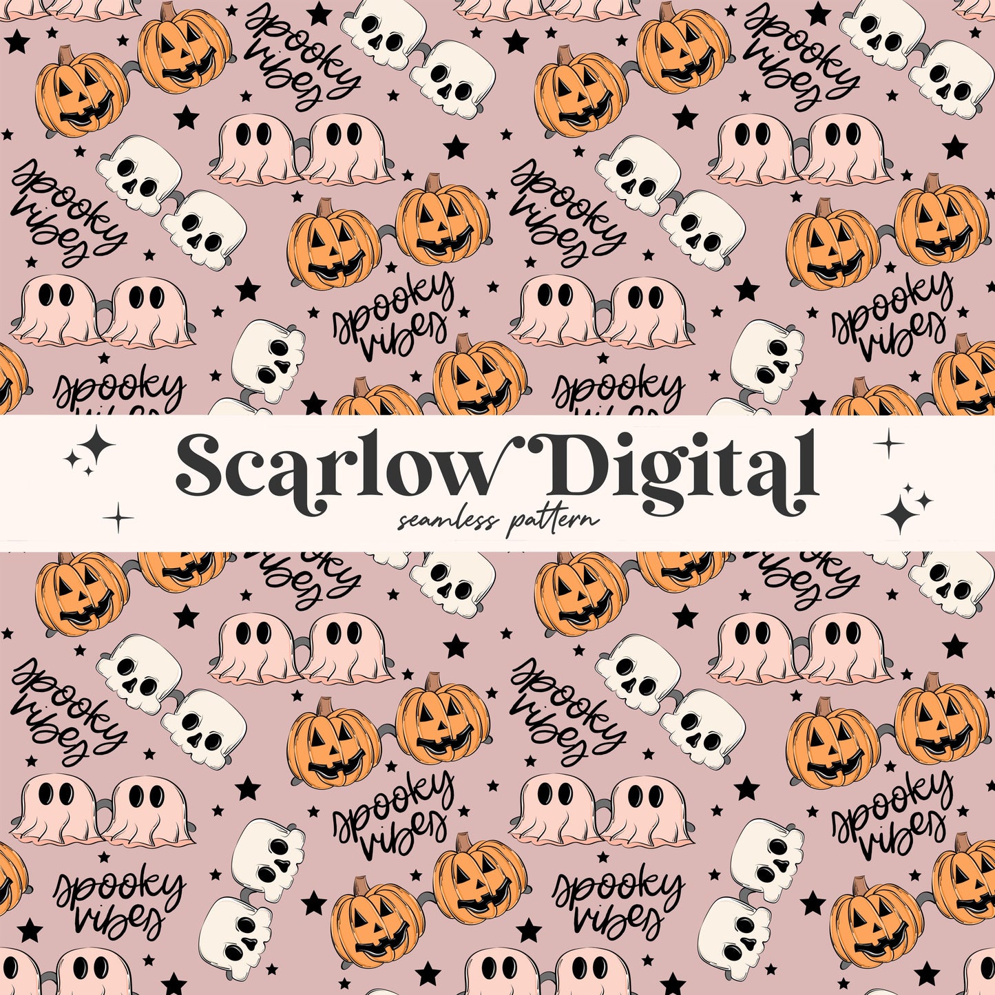 Spooky Vibes Seamless Pattern-Halloween Sublimation Digital Design Download-sunglasses seamless pattern, pumpkin seamless, skull seamless