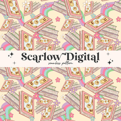 Books Seamless Pattern-Reading Sublimation Digital Design Download-preppy seamless file, flower seamless, book lover seamless, girl seamless