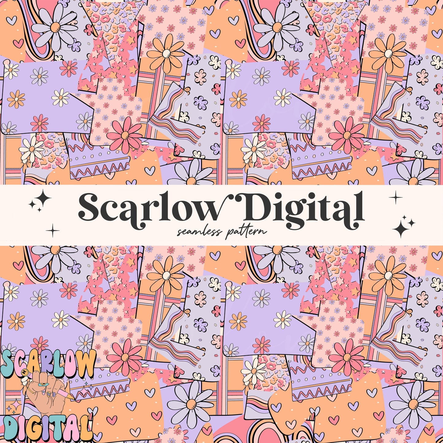 Retro Floral Patchwork Seamless Pattern Digital Design Download, girly seamless paper, trendy digital paper, groovy seamless pattern