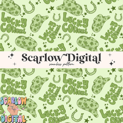 Lucky Cowgirl Seamless Pattern-St Patrick's Day Digital Design Download-shamrock seamless pattern, horseshoe seamless file, western seamless